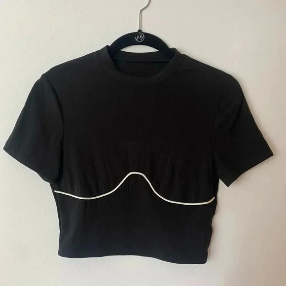 MakeMeChic Mock Neck Ribbed Knit Black White Bust Line Short Sleeve Crop Top M - Picture 3 of 8